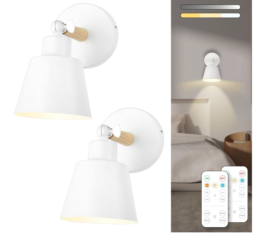 White Battery Operated Wall Sconce Set of Two, Easy to Install Wireless Lights for Wall, Remote Control Dimmable LED Lights, Auto Timer Wall Lamp Fixtures for Bedroom, Gallery, Living Room, RV…