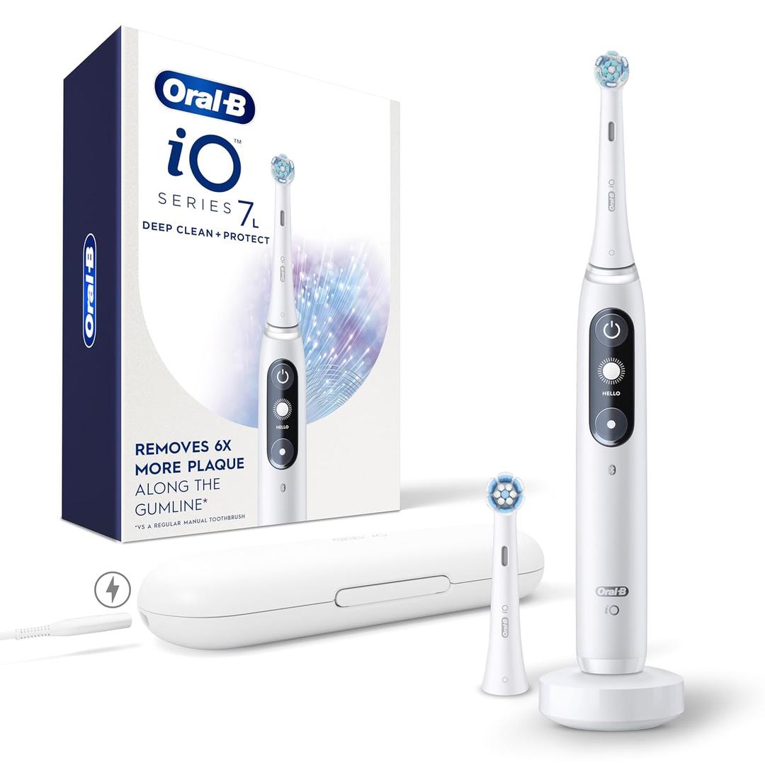 Oral-B iO Deep Clean + Protect Rechargeable Electric Toothbrush, White, iO Series 7, 2 Replacement Brush Heads, Charging Travel Case