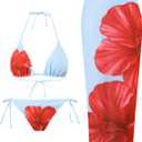 WDIRARA Women's Bikini Sets Floral Print Triangle Halter Tie Back Swimsuit with Cover Up Skirt (Blue, XS)