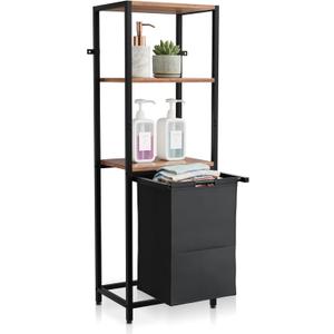 Tilt-Out Laundry Hamper with Shelf – 3 Tier Laundry Organizer with Waterproof Fabric Bin | Freestanding Storage Cabinet with Hooks for Bathroom & Bedroom, 12 inches x 14.5 inches x 48 inches