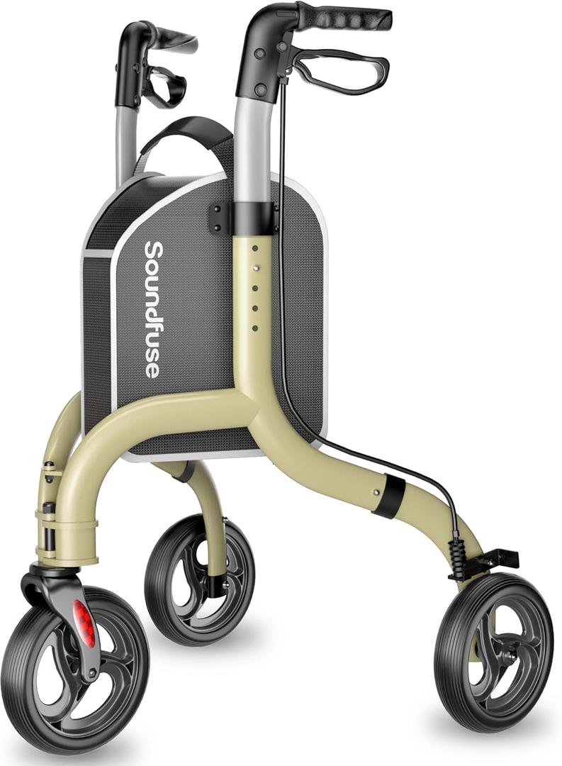 3 Wheel Walkers for Seniors, Lightweight Foldable Aluminum Rollator Walker, Height Adjustable Three Wheel Walker, Champagne (Fit User 4'8''-6'1'')