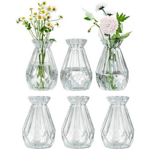 MyGift Set of 6 Diamond-Faceted Clear Glass Bud Vases  Small Decorative Flower Vases for Table Centerpieces, Weddings, and Home Dcor