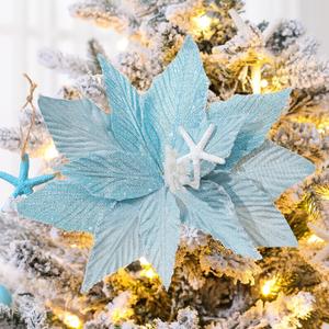 6 Pcs Large Coastal Christmas Ornaments 9.8 Ocean Beach Artificial Poinsettias Christmas Tree Decor Blue Glitter Poinsettia Flower Picks with Starfish Sea Shells for Xmas Tree Decor Wreath Garland