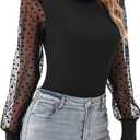 MISSJOY Women's Mock Turtle Neck Long Sleeve Polka Dot Sheer Mesh Ribbed Ruffle Slim Fit Stretchy Bodysuit Top, M