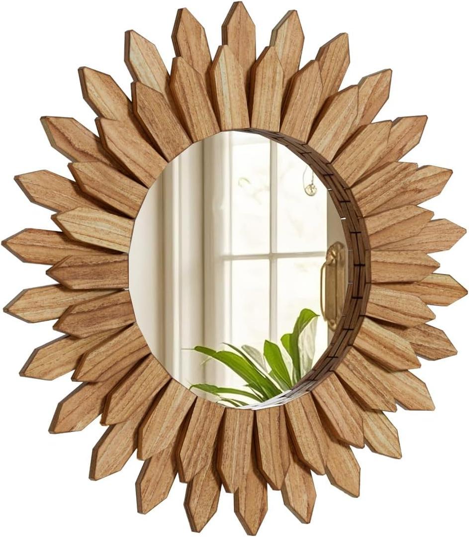 20 Inch Brown Boho Wall Decor Sunburst Mirror - Round Wooden Wall Decor, Handmade Rustic Circular Mirror for Living Room, Bedroom, Entryway, Office