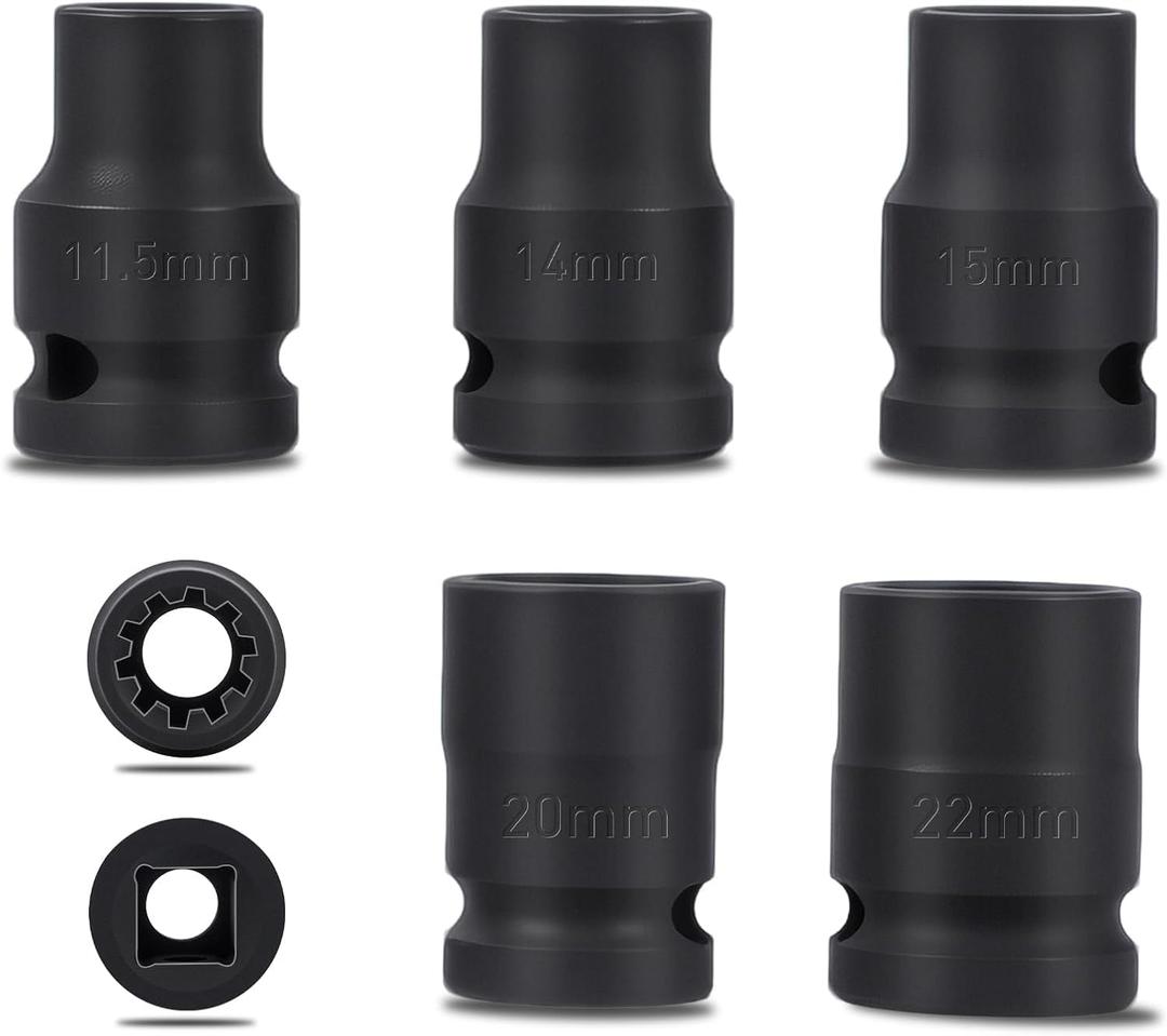 Brake Caliper Socket Set Compatible with VW VAG, 5PCS Caliper Tool 1/2" Square Drive 7pt. Small Large 10pt. x 11.5mm, 15mm, 20mm, 14mm, 22mm TYRAREX