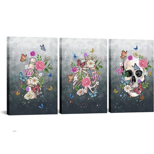 OuElegent 3 Piece Skull Wall Art Canvas Sugar Skull Colorful Flowers Butterfly Painting Gothic Theme Skeleton Pictures Prints for Living Room Bedroom Decoration Framed Ready to Hang