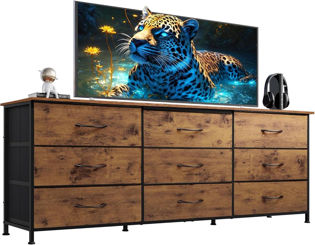 WLIVE 63''W Dresser for Bedroom, Dresser TV Stand for 65, 70, 75 inch TV, Wide Chest of Drawers with 9 Drawer, Large Entertainment Center, Fabric Dressers with Wood Top for Living Room, Rustic Brown