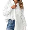 AISEW Womens Casual Button Down V Neck Shirts Raglan Long Sleeve Loose Fit Collared Work Blouses Tops with Pocket (White, XL)