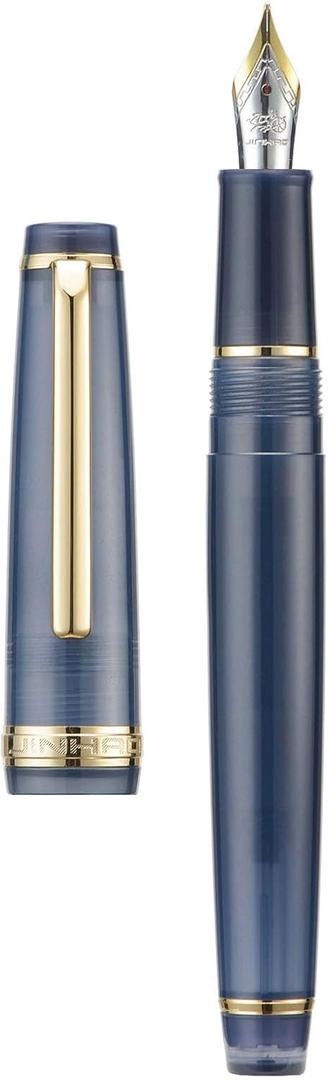 Jinhao 82 Acrylic Fountain Pen, Iridium Medium Nib with Ink Converter, Transparent Dark Blue Classic Design Smooth Writing Pen (Gold Trim)