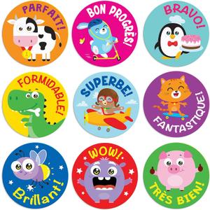 S&O French Inspirational Stickers for Classroom Rewards - French Motivational Decals Teacher Supplies - Cartoon Labels - Childer Tags - Cadeaux Pour Enseignants en Franais - 1008 Small Labels