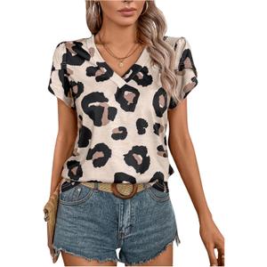 SweatyRocks Women's V Neck Leopard Print Tops Casual Short Sleeve T Shirts Fall Outfits (XL)