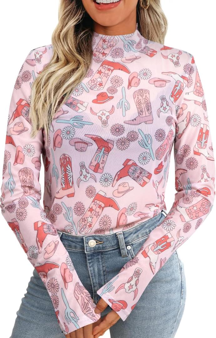 Western Mesh Top Women See Through Cowboy Shirt Mock Neck Country Concert Outfits Layering Sheer Long Sleeve Tops (S)