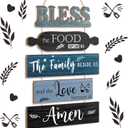 Bless The Food Before Us Sign Farmhouse Kitchen Wall Decor Rustic Dining Room Wall Art Dining Room Decorations Collage Art Wooden Rustic Country Vintage Kitchen Hanging Wood Signs (Blue)