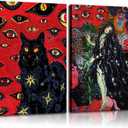 2 Pcs Framed Black Cat Cohen Hippie Psychedelic Retro Cool Girl Wall Art Mystical Animal Eyes Stars Canvas Print Art Poster Cat Lover Wall Decor Pictures Bedroom Living Room Teen Dorm Decor