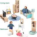 Giant bean 36pcs Wooden Dollhouse Furniture Set 5 Rooms 4 Family Dolls, Wood and Plastic Blue Dollhouse Accessories, Pretend Play Furniture Toys Christmas Birthday Gift for Boys Girls Kids Toddlers 3+