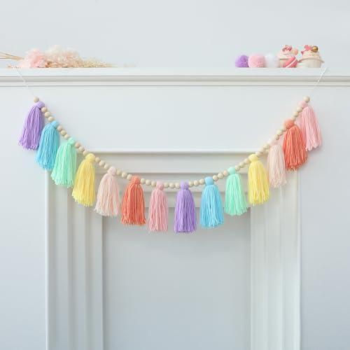 DCJHFJ Pastel Rainbow Boho Tassel Garland Wall Hanging with Wood Beads for Baby Shower Birthday Party Classroom Dorm Nursery Decor