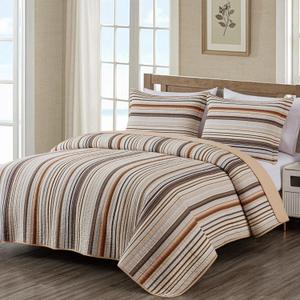 Chezmoi Collection Avery Striped Cotton Quilt Set Oversized King Size, 3-Piece Soft Pre-Washed 100% Cotton Quilt, Multi-Color Brown
