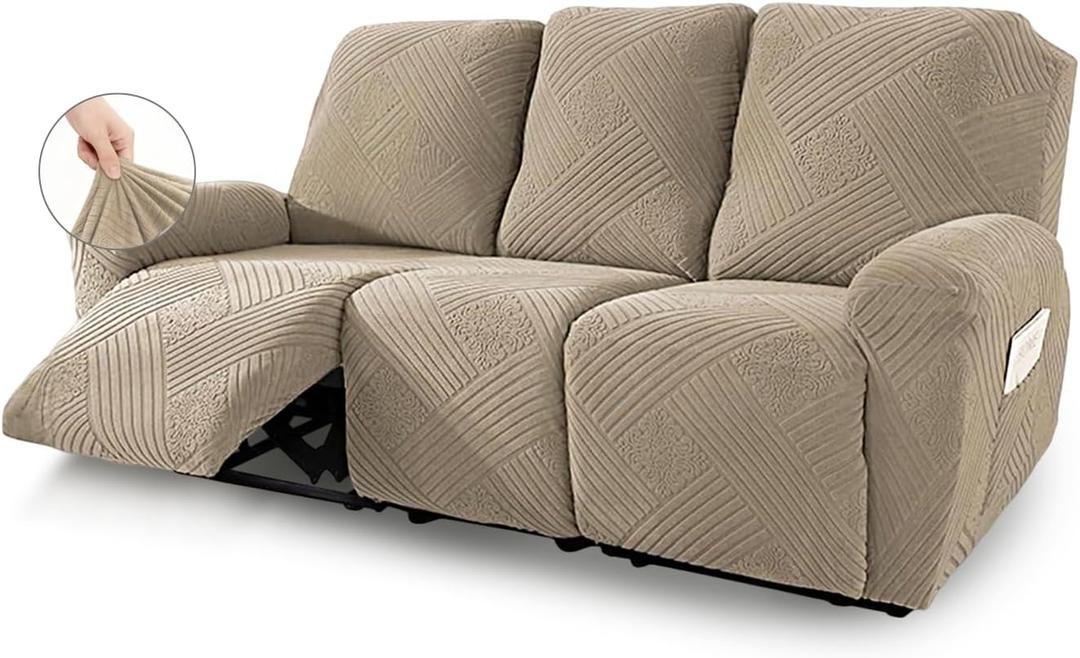 NORTHERN BROTHERS Recliner Sofa Cover, Stretch Washable Slipcover for 3-Seat Reclining Couch, Non Slip Furniture Protector for Pets & Kids, Khaki