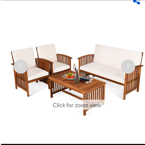 4PCS Patio Solid Wood Furniture Set Conversation Coffee Table W/White Cushion 53'' x 27'' x 34.5''