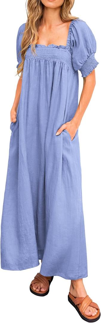 KIRUNDO Women 2025 Summer Maxi Dress Casual Loose Puff Sleeve Square Neck Maternity Flowy Long Beach Dresses with Pockets (Small, Blue)
