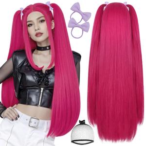BESTBEL+2 Bows +Hair Cap Long Pink Wig for Women Rose Pink Wigs with 2 Ponytails for Adult Rose Ponytails Anime Wigs for Women KP Stage Outfits Halloween Party Cosplay