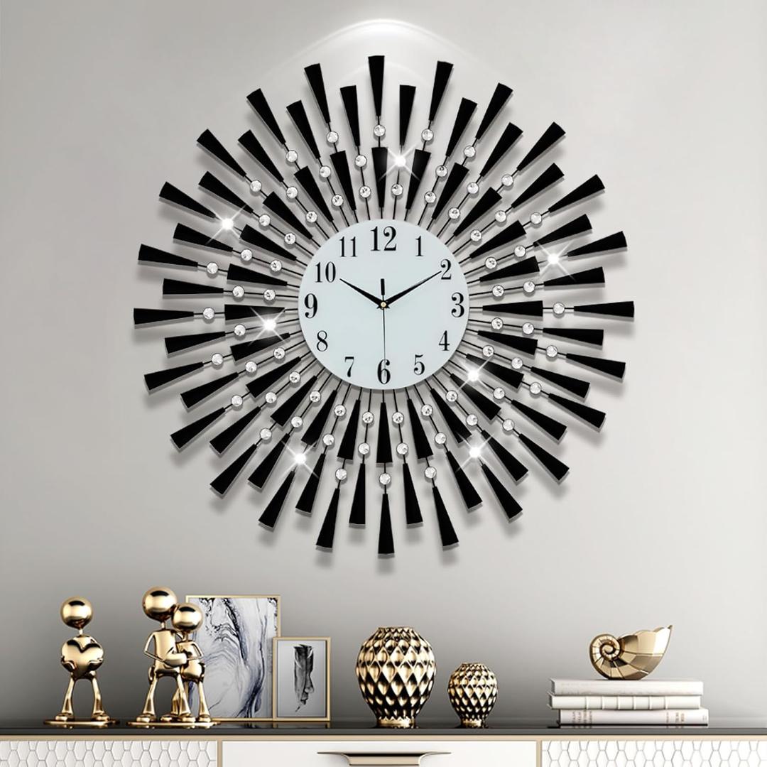 FLEBLE Modern Large Wall Clocks for Living Room Decor Big Silent Wall Clock Battery Operated Non-Ticking for Kitchen Bedroom Home Decoration Black Metal Round Quartz Clock Wall for Office Indoor (27.5 inch)