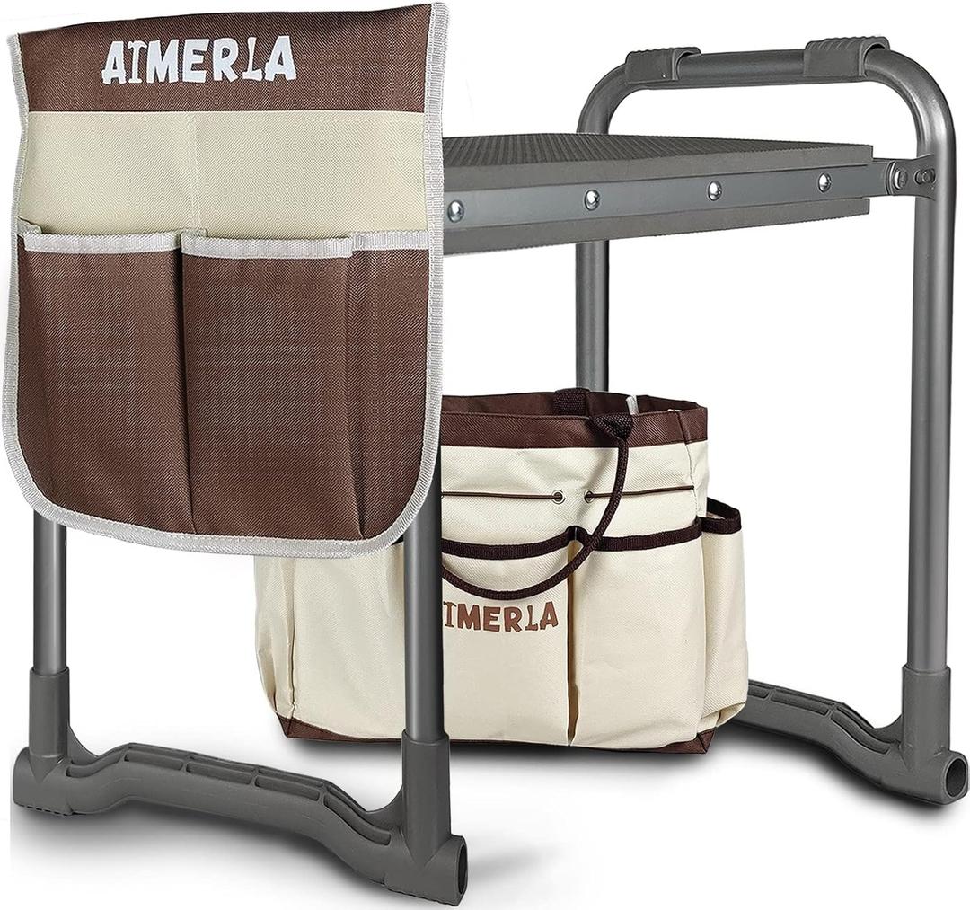 Aimerla Foldable Garden Kneeler Seat Heavy Duty [Upgraded Widened Thick Kneeling Pad] Garden Stool with Large Garden Tool Bags with Pockets - Portable Garden Bench Gardening Gifts for Parents (K3-Brown)