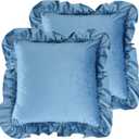 Velvet Ruffle Throw Pillow Covers Couch, Set of 2 Decorative Pillowcases with Ruffles 20x20 Inch Solid Color Shabby Chic Farmhouse Cushion Cover for Living Room Sofa Bed, Slate Blue