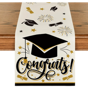 Artoid Mode Congrats Diploma Cap Graduation Table Runner, 2025 Fireworks Holiday Kitchen Dining Table Runners for Home Party Decor 13x72 Inch