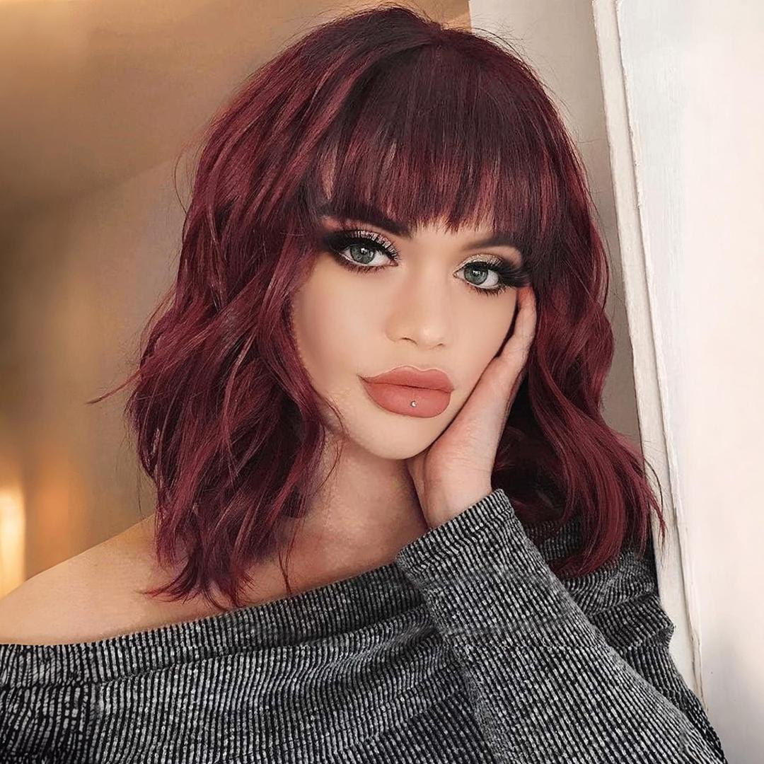 Red Wig with Bangs for Women 14 Inch Shoulder Length Short Bob Wavy Curly Wig Burgundy Wig Heat Resistant Synthetic Wigs