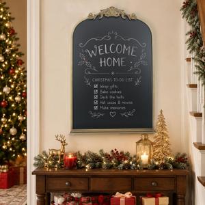 Vintage Magnetic Arch Blackboard with Shelf - 24"x36" Decorative Wall Mounted Ornate Gold Framed Board with Accessories, Clips & Cloth - Elegant Wedding Sign & Kitchen Menu Home Decor