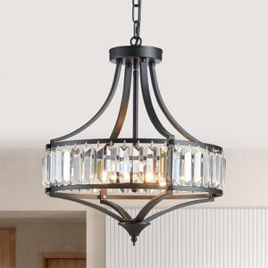 Black Crystal Chandeliers for Dining Room, Round Rustic Farmhouse Chandelier with Metal Shade 4-Light Modern Pendant Lighting for Hallway, Bedroom, Foyer (15.7"-Black)