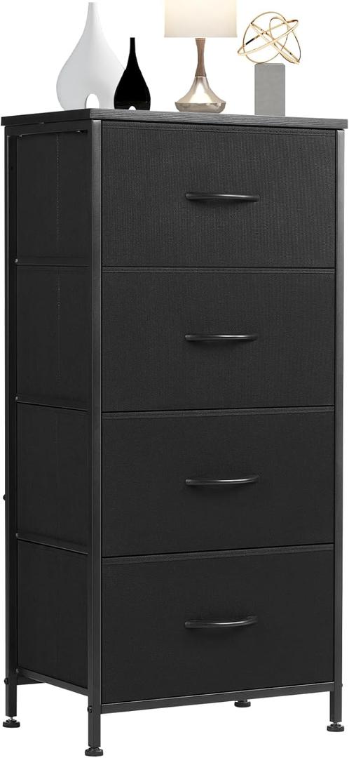 Simple Deluxe 4 Drawer Dresser, Fabric Storage Tower Organizer with Sturdy Steel Frame and Wood Top, Easy Pull Handles, for Bedroom, Entryway, Hallway, Black (17.7"L x 11.8"W x 37.4"H)