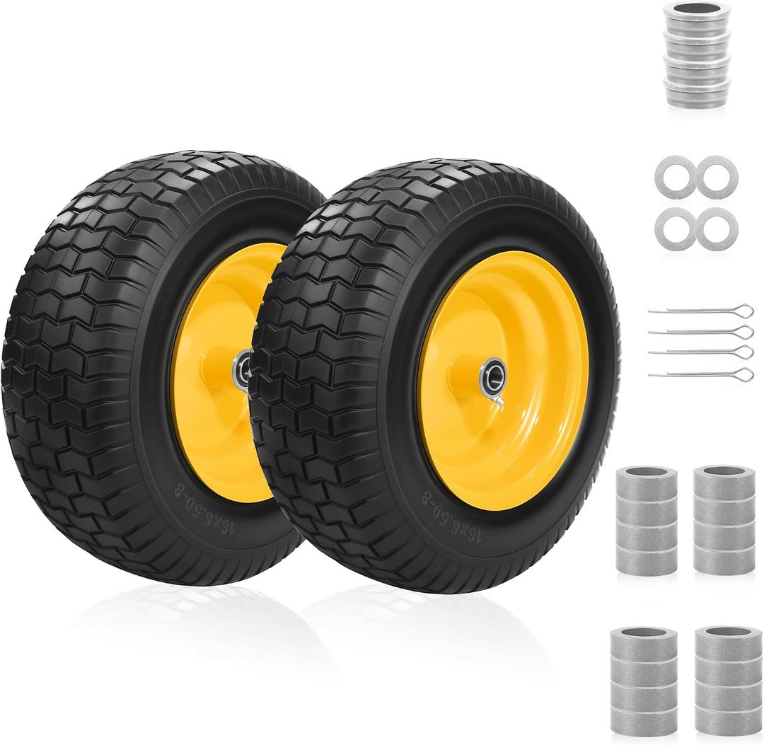 2PC 16x6.50-8 Flat Free Tire and Wheel,3/4" Bearings & Extra 1" Bushing,3" Offset Hub, Solid Riding lRLawn Mower Tires, 550lbs Load Capacity, Fit for Lawn Mowers, Riding Mowers and Lawn Tractors.