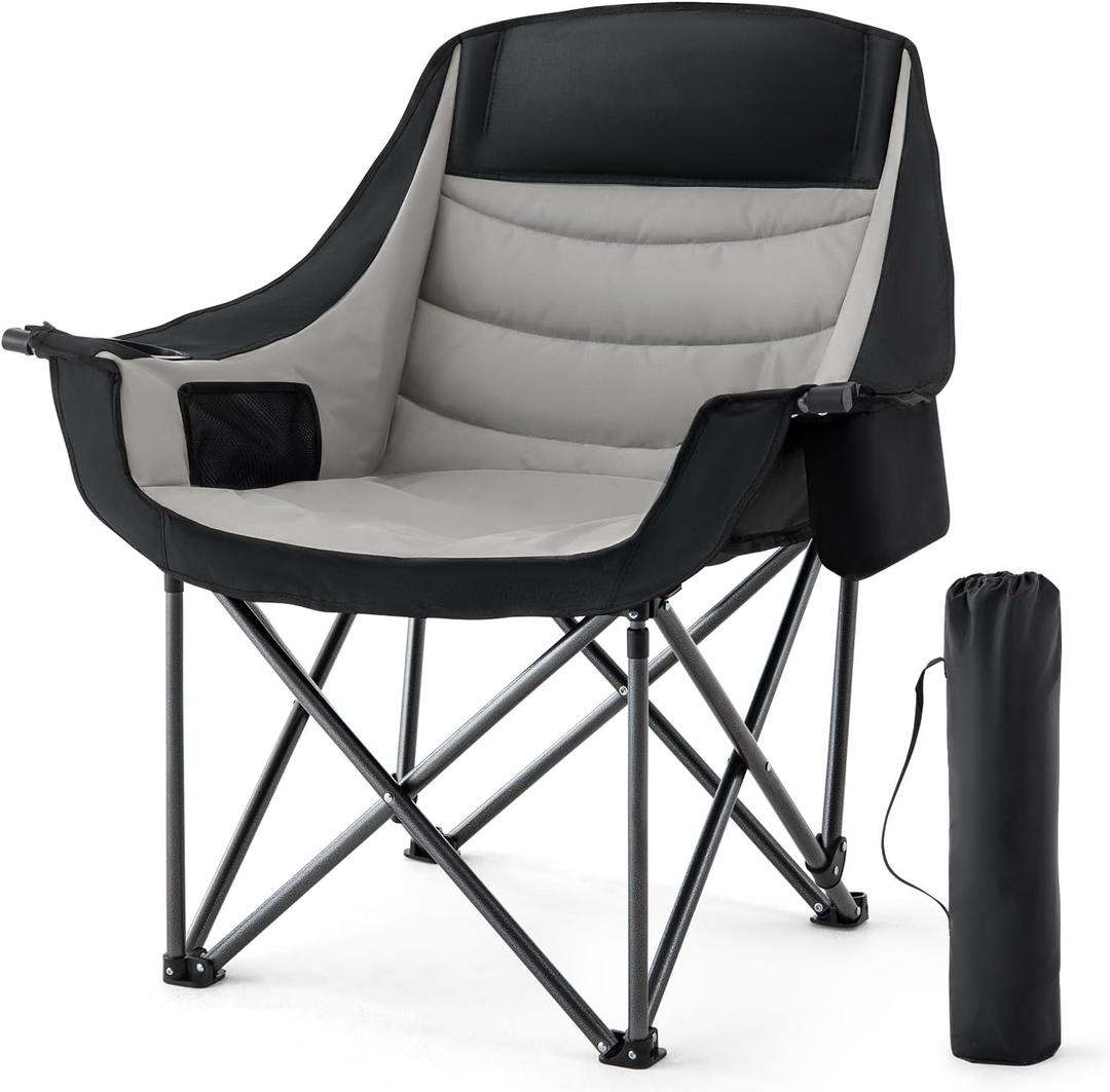 Padded Camping Chair for Adults Heavy Duty Oversized Portable Folding Camp Chair with Cup Holder Cooler Pockets 500lbs Support for Outdoor Beach Fishing Garden (Black & Light Gray)