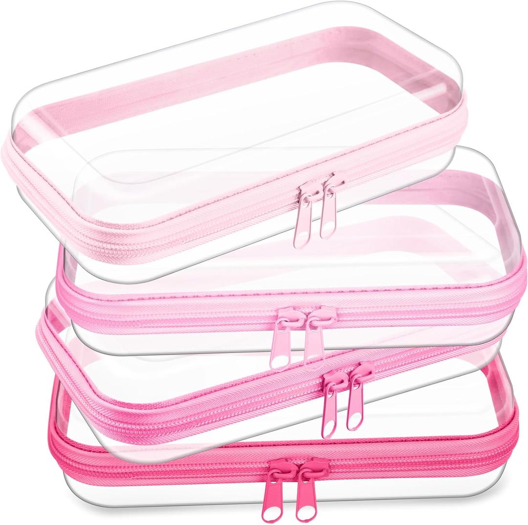 Hoolerry 4 Pcs Hard Clear Zipper Case Makeup Bags Plastic Zipper Pouch Transparent Storage Box Containers for Cosmetics, Snacks, Building Blocks, Puzzles(Clear,7.5 x 3.9 x 2 in,Pink)