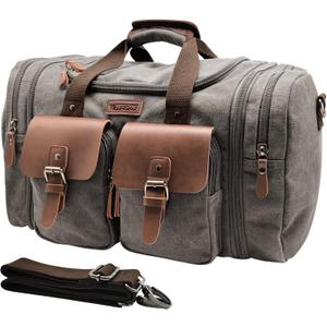Wildroad 50L Travel Duffel Bag, Expandable Canvas Genuine Leather Duffle Bag Upgraded Overnight Weekender Carry on Bag (Grey)