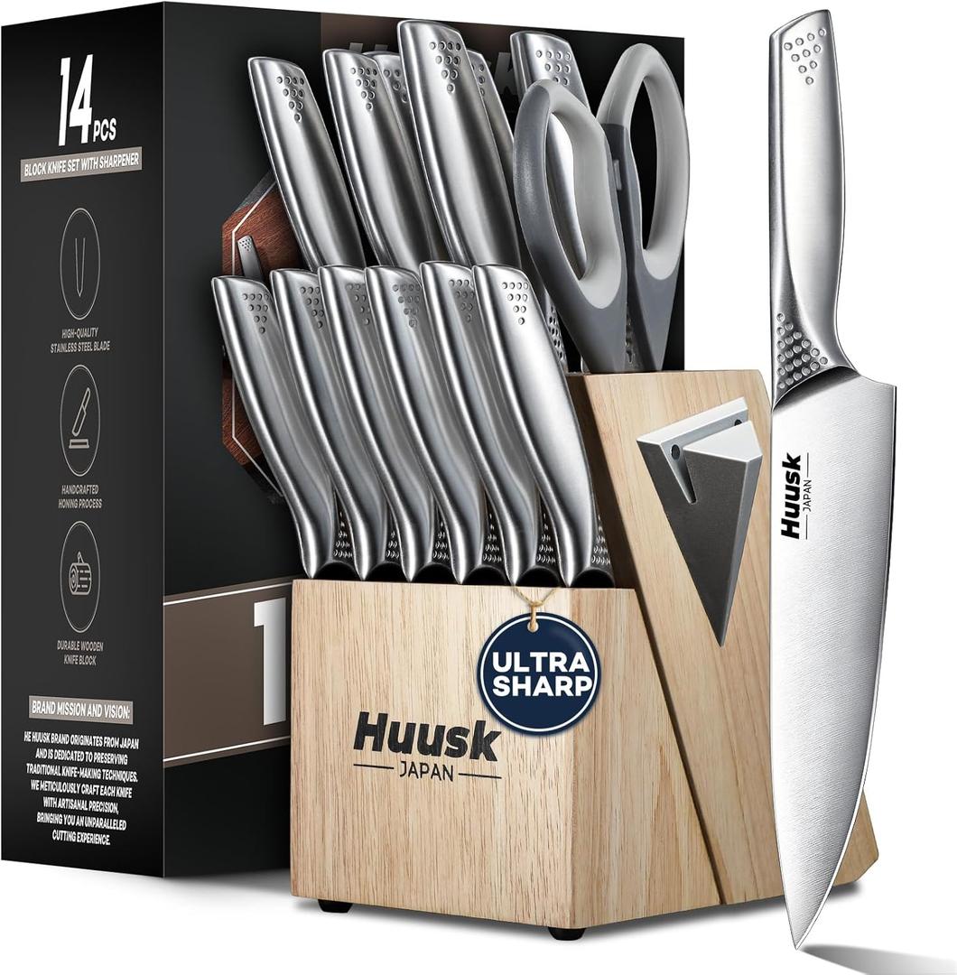 Huusk Knife Set with Block and Sharpener, 14 Pcs Japanese Stainless Steel Kitchen Knife Sets Dishwasher Safe, Sharp Silver Professional Knives Set with Box for Kitchen, Gifts for Men and Women