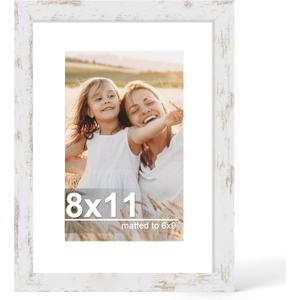 Hongkee 8x11 Picture Frame with Glass, Display Pictures 6x9 with Mat or 8 x 11 without Mat - Wall and Tabletop, 8 by 11 Photo Wooden Frames (Distressed White, 1 Pack)