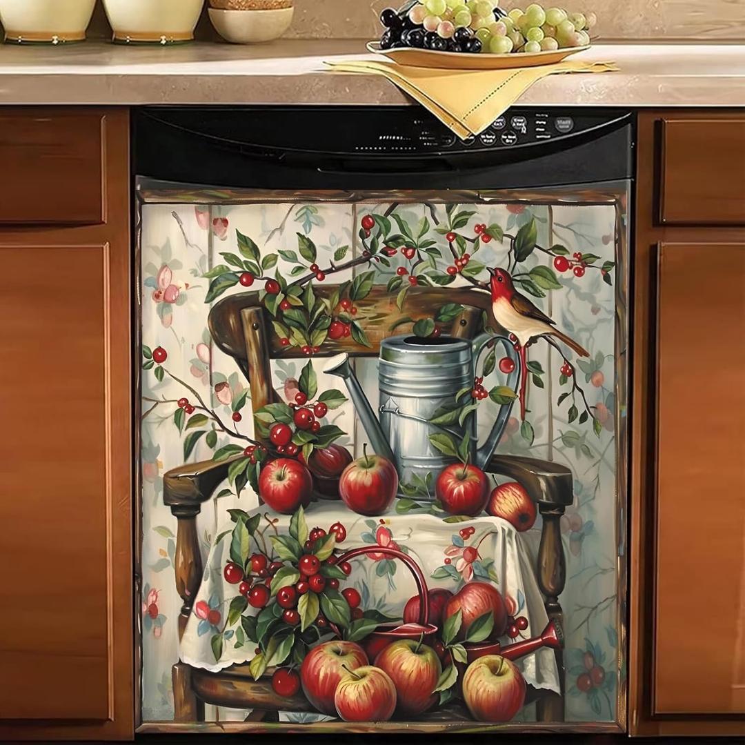 Generic Vintage Red Apples Dishwasher Magnet Cover, Red Cherry Fruits Bird Decorative Refrigerator Magnetic Sticker, Old Wood Chair Washer Machine Fridge Panel Decal for Kitchen Appliance 23x26 (Magnet: 23Wx26H inch, 12.03ds-stck-07)