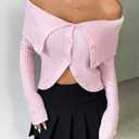 Women's Off Shoulder Button Cardigan Long Sleeve Hem Rib Knit Sweater Pink, Size XS