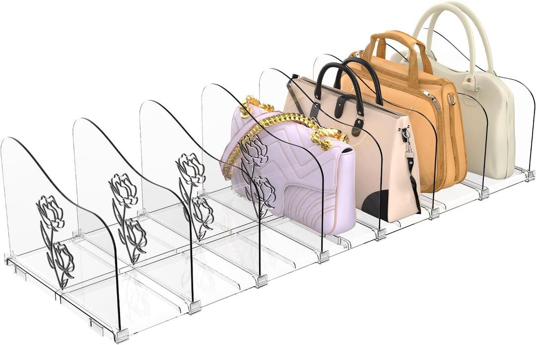 SURETIVIAN Rose Purse Dividers for Closet, 2 Pack Clear Clutch Purse Closet Organizers, Adjustable Handbag Storage Organizers, Plastic Bookshelf Separator Dividers for Bedroom Office