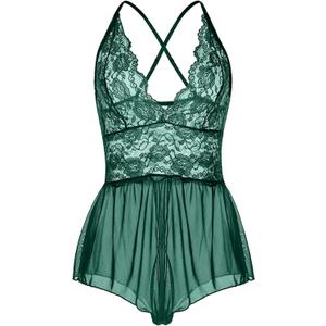 Women Lingerie Sheer Lace Mini Babydoll Teddy Sexy Bodysuit Backless Sleepwear (Green), X