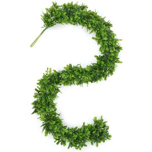 Dingion 6 ft Artificial Boxwood Garland Spring Faux Greenery Garland Preserved Green Leaves Fake Vines Hanging Plant Realistic Green Decor for UV Outdoor Indoor Wedding Backdrop Arch Wall Table