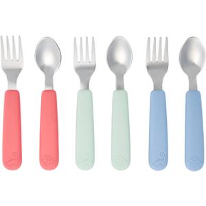 Pandaloo Kids Silverware with Soft Silicone Handle | Toddler Fork & Spoon Set (6pcs) | Toddler Utensils | Food-Grade Silicone + Stainless Steel | Dishwasher Safe | Encourages Independent Eating (Pink/Sweet Sage Baby Blue)
