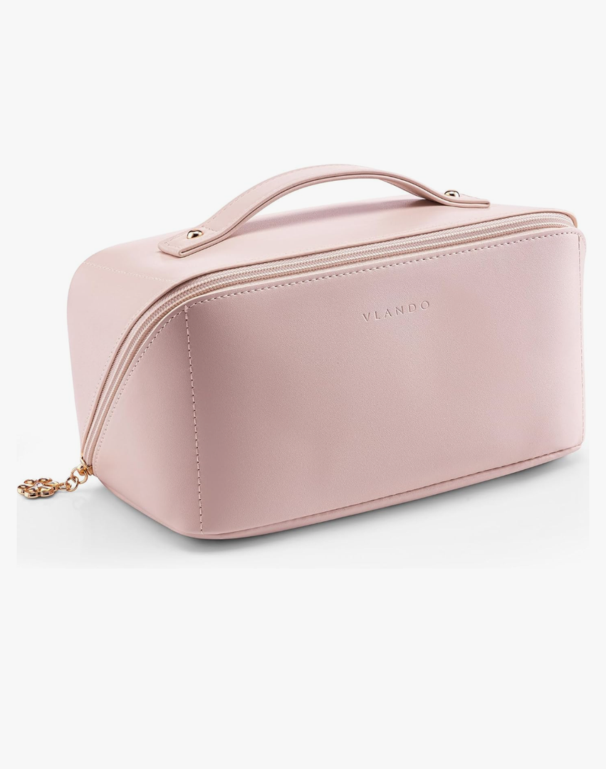 Vlando Makeup Bag,Large Capacity Travel Toiletry Bag,Cosmetic Bags for Women PU Leather Waterproof Portable Pouch with Divider & Handle-Pink