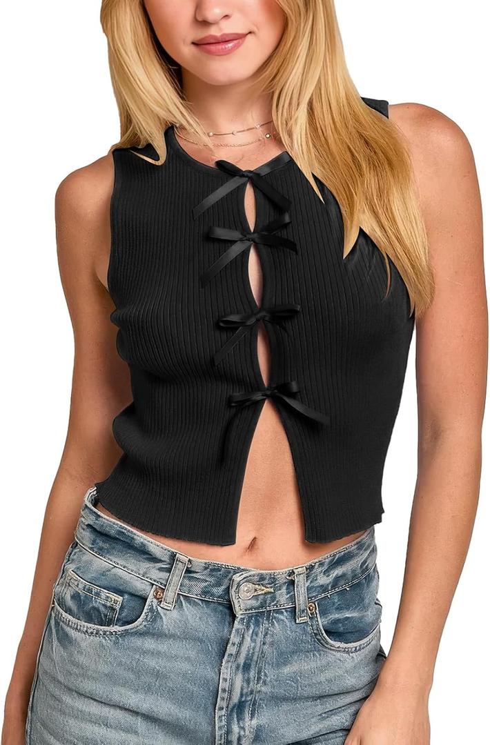 Women's Crop Bow Tie Front Vest Tops Cute Crew Neck Ribbed Fitted Going Out Tank Tops, Size M