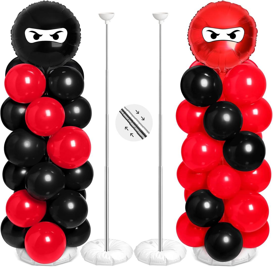 Arrowbash 2 Sets Ninja Party Decorations Ninja Adjustable Balloon Column Stand Kit Metal Telescopic Pillar Balloon Stand for Birthday Warrior Themed Party Supplies(Black, Red)