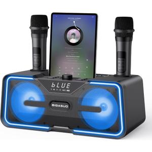 BIGASUO Portable Karaoke Machine with 2 UHF Wireless Microphones LED Lights for Adults Kids Bluetooth Singing PA System Supports TF Card, USB, AUX in
